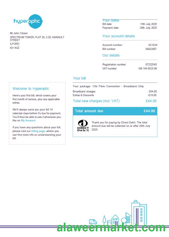 Slovakia Hyperoptic utility bill template in Word and PDF formats